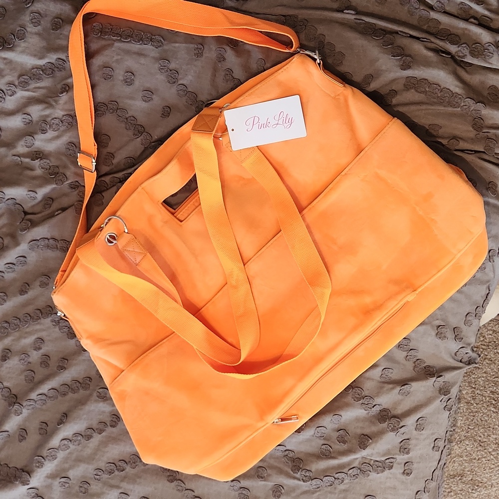 Pink Lily Getaway Bright Orange Velvet Duffle Bag and Pouch Set